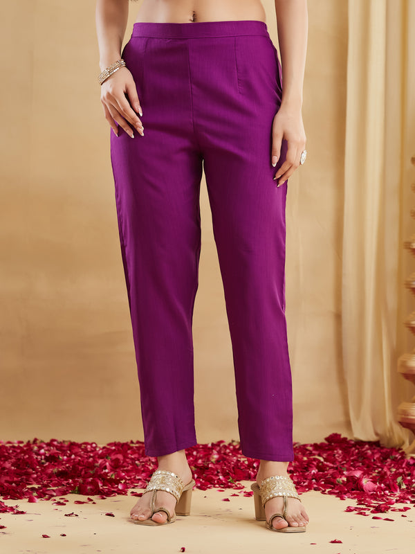 Women's Viscose Rayon Embroidered Kurti Pant Set with Woven Chanderi Jacquard Dupatta