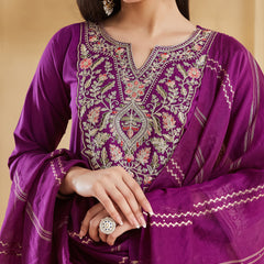Women's Viscose Rayon Embroidered Kurti Pant Set with Woven Chanderi Jacquard Dupatta