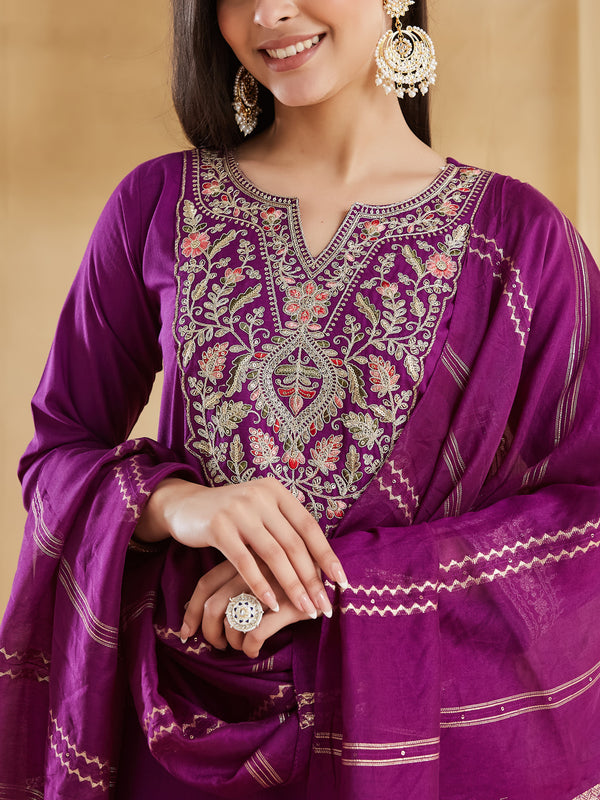 Women's Viscose Rayon Embroidered Kurti Pant Set with Woven Chanderi Jacquard Dupatta