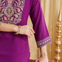 Women's Viscose Rayon Embroidered Kurti Pant Set with Woven Chanderi Jacquard Dupatta