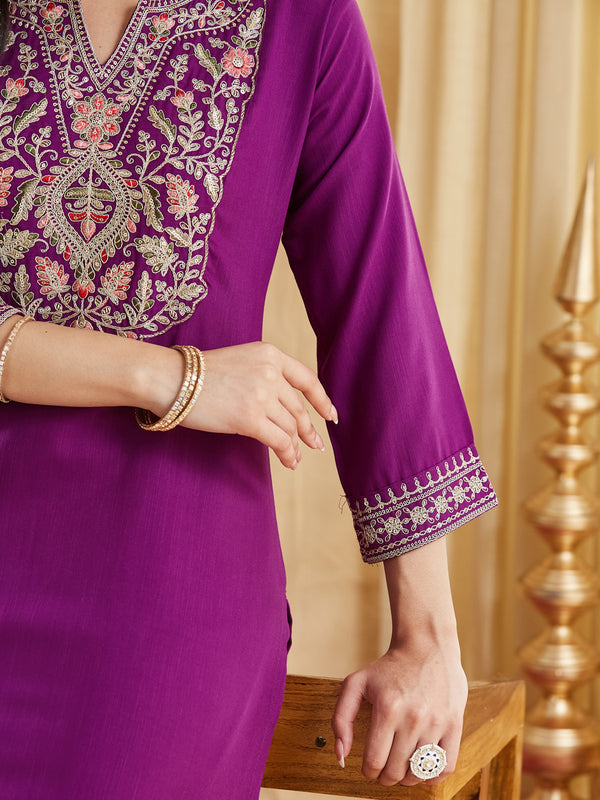Women's Viscose Rayon Embroidered Kurti Pant Set with Woven Chanderi Jacquard Dupatta