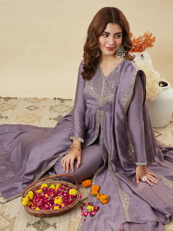 Vichitra Silk Embroidered Kurti Pant Set with Embroidered Fandy Silk Dupatta