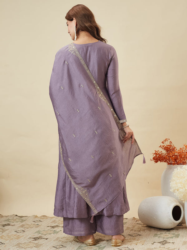 Vichitra Silk Embroidered Kurti Pant Set with Embroidered Fandy Silk Dupatta