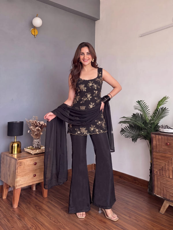 Women's Faux Georgette Embroidered Kurti Pant Set with Faux Georgette Dupatta