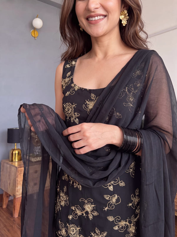Women's Faux Georgette Embroidered Kurti Pant Set with Faux Georgette Dupatta