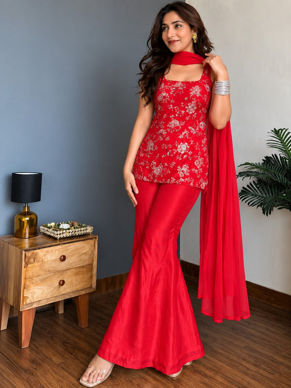 Women's Faux Georgette Embroidered Kurti Pant Set with Faux Georgette Dupatta