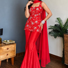 Women's Faux Georgette Embroidered Kurti Pant Set with Faux Georgette Dupatta