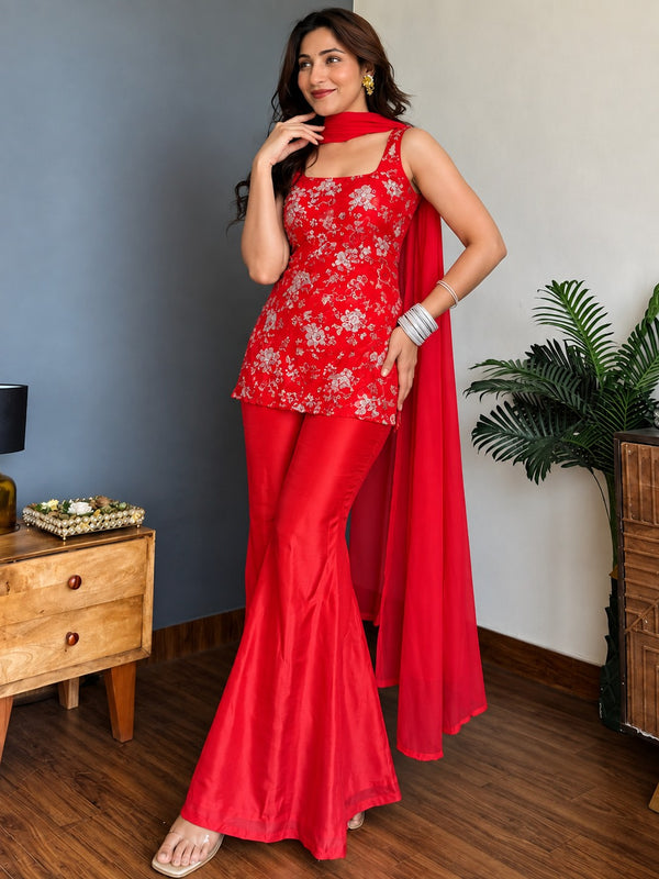 Women's Faux Georgette Embroidered Kurti Pant Set with Faux Georgette Dupatta