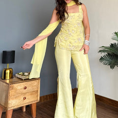 Women's Faux Georgette Embroidered Kurti Pant Set with Faux Georgette Dupatta