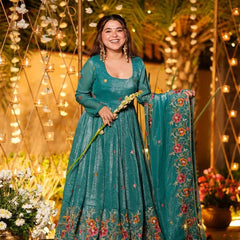 Women's Cruncy Silk Embroidered Kurti Pant Set with Embroidered Cruncy Silk Dupatta