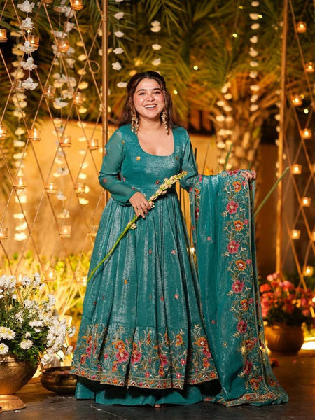 Women's Cruncy Silk Embroidered Kurti Pant Set with Embroidered Cruncy Silk Dupatta