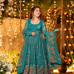 Women's Cruncy Silk Embroidered Kurti Pant Set with Embroidered Cruncy Silk Dupatta