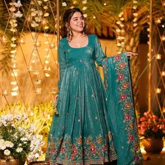 Women's Cruncy Silk Embroidered Kurti Pant Set with Embroidered Cruncy Silk Dupatta