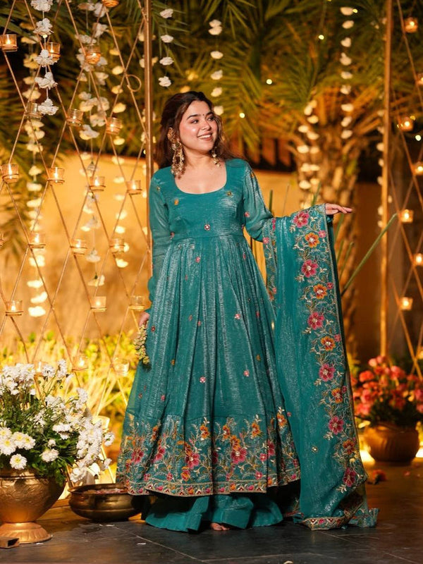 Women's Cruncy Silk Embroidered Kurti Pant Set with Embroidered Cruncy Silk Dupatta