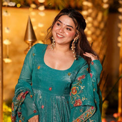 Women's Cruncy Silk Embroidered Kurti Pant Set with Embroidered Cruncy Silk Dupatta
