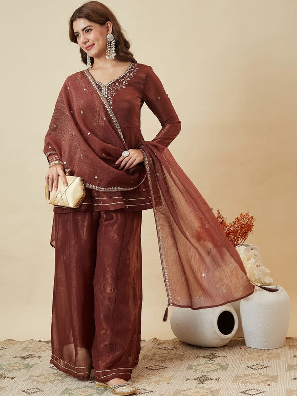 Women's Fandy Silk Embroidered Kurti Pant Set with Embroidered Fandy Silk Dupatta