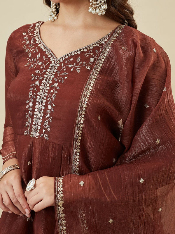 Women's Fandy Silk Embroidered Kurti Pant Set with Embroidered Fandy Silk Dupatta