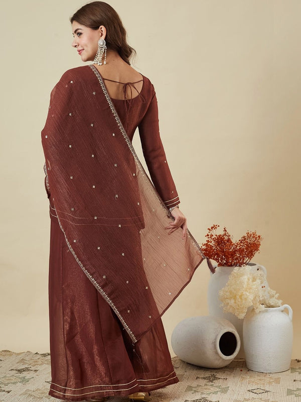Women's Fandy Silk Embroidered Kurti Pant Set with Embroidered Fandy Silk Dupatta