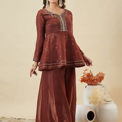 Women's Fandy Silk Embroidered Kurti Pant Set with Embroidered Fandy Silk Dupatta