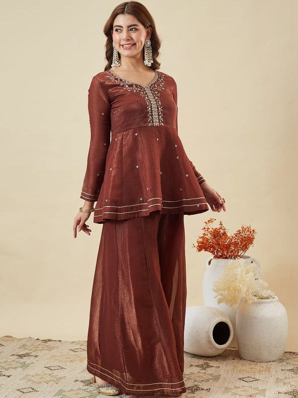 Women's Fandy Silk Embroidered Kurti Pant Set with Embroidered Fandy Silk Dupatta