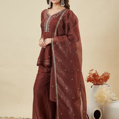 Women's Fandy Silk Embroidered Kurti Pant Set with Embroidered Fandy Silk Dupatta