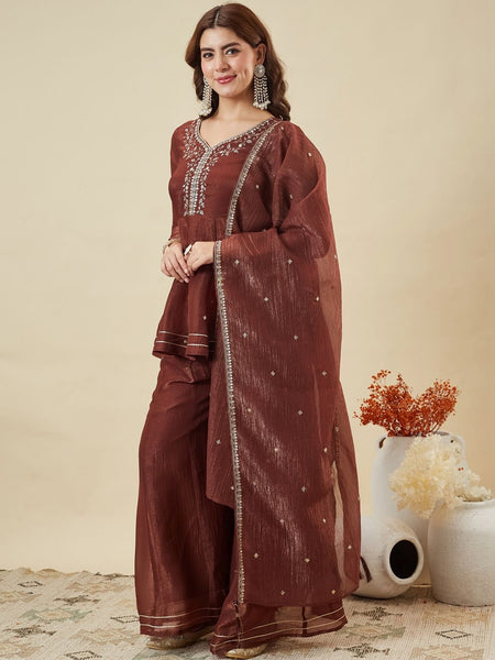 Women's Fandy Silk Embroidered Kurti Pant Set with Embroidered Fandy Silk Dupatta