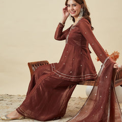 Women's Fandy Silk Embroidered Kurti Pant Set with Embroidered Fandy Silk Dupatta