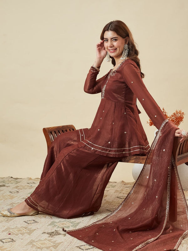 Women's Fandy Silk Embroidered Kurti Pant Set with Embroidered Fandy Silk Dupatta