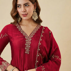 Women's Vichitra Silk Embroidered Kurti Pant Set with Embroidered Vichitra Silk Dupatta