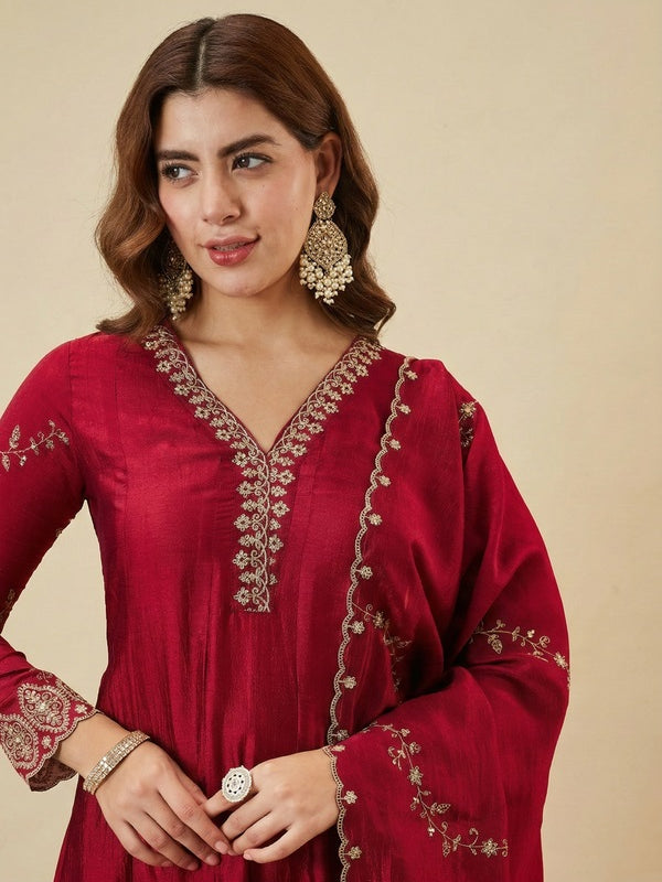 Women's Vichitra Silk Embroidered Kurti Pant Set with Embroidered Vichitra Silk Dupatta