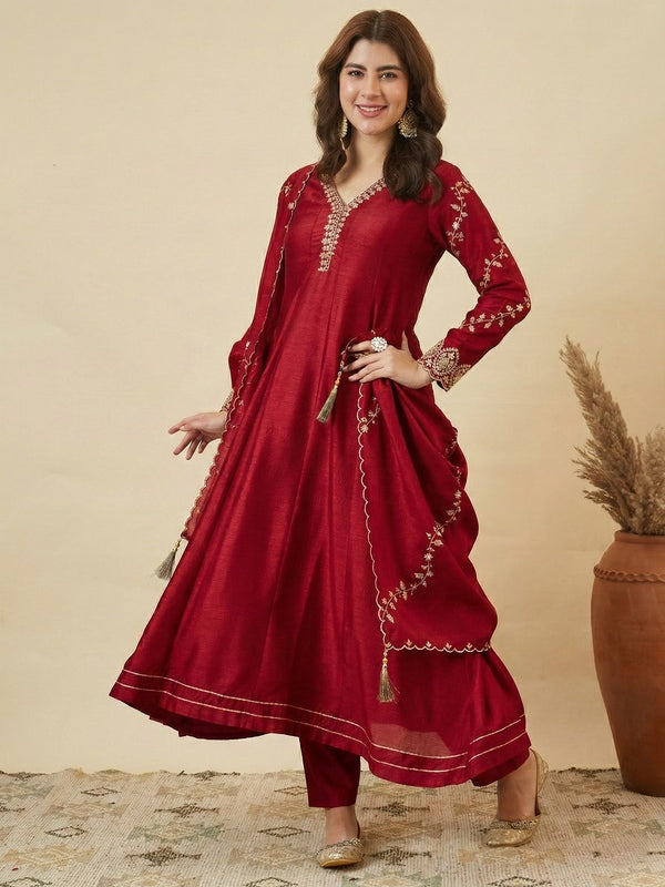 Women's Vichitra Silk Embroidered Kurti Pant Set with Embroidered Vichitra Silk Dupatta
