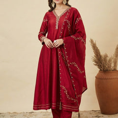 Women's Vichitra Silk Embroidered Kurti Pant Set with Embroidered Vichitra Silk Dupatta