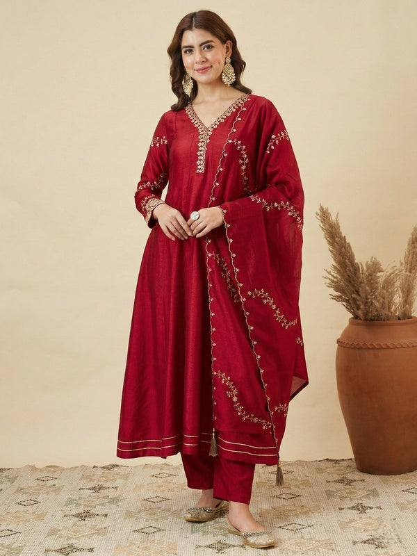 Women's Vichitra Silk Embroidered Kurti Pant Set with Embroidered Vichitra Silk Dupatta
