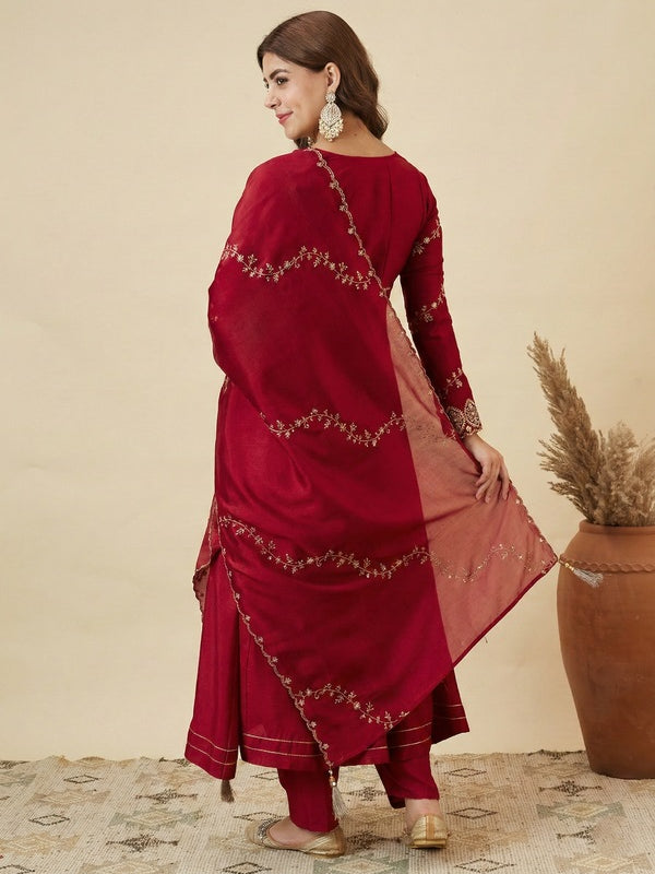 Women's Vichitra Silk Embroidered Kurti Pant Set with Embroidered Vichitra Silk Dupatta