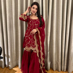 Faux Georgette Embroidered Kurti Pant Set with Embroidered Faux Georgette Dupatta