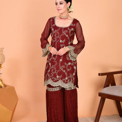 Faux Georgette Embroidered Kurti Pant Set with Embroidered Faux Georgette Dupatta
