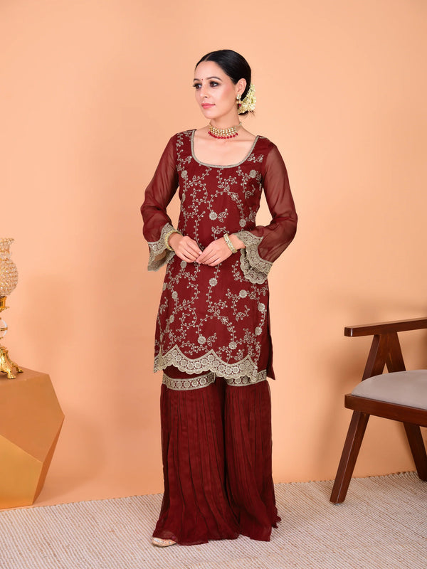 Faux Georgette Embroidered Kurti Pant Set with Embroidered Faux Georgette Dupatta