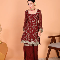Faux Georgette Embroidered Kurti Pant Set with Embroidered Faux Georgette Dupatta