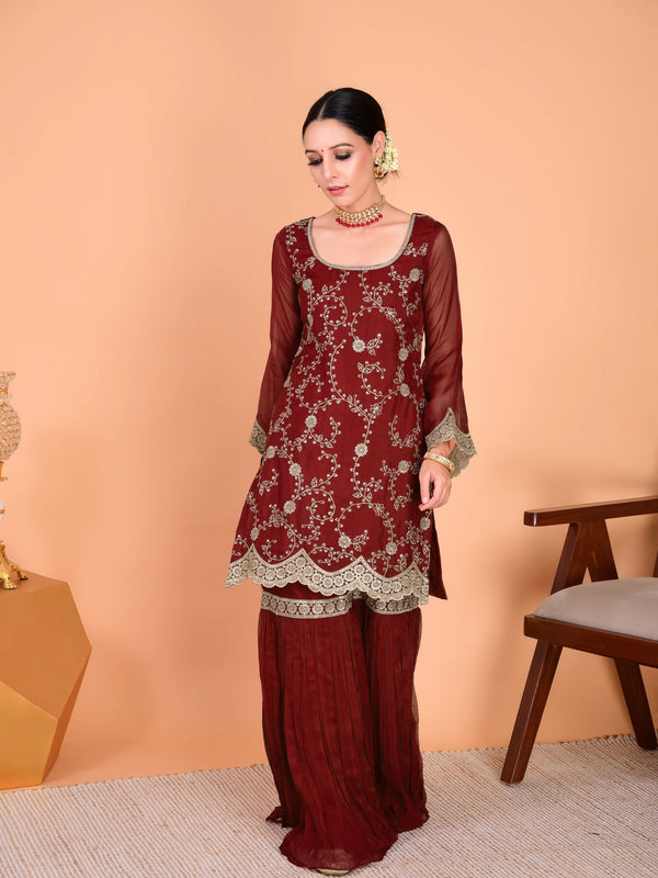 Faux Georgette Embroidered Kurti Pant Set with Embroidered Faux Georgette Dupatta