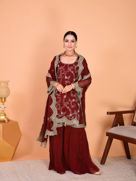 Faux Georgette Embroidered Kurti Pant Set with Embroidered Faux Georgette Dupatta