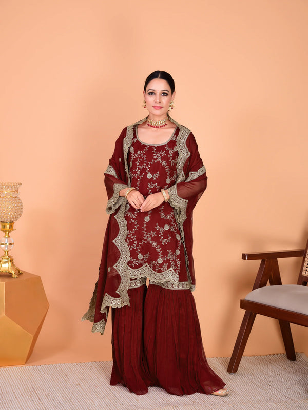 Faux Georgette Embroidered Kurti Pant Set with Embroidered Faux Georgette Dupatta