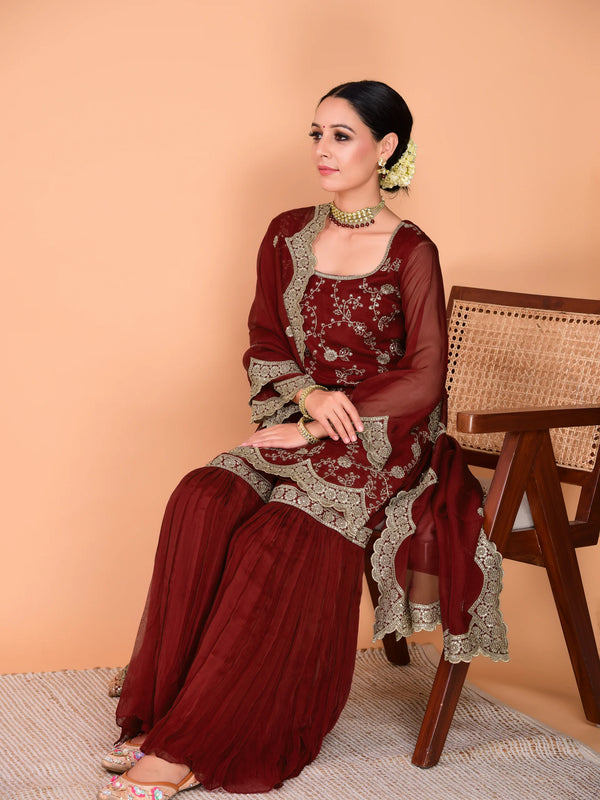 Faux Georgette Embroidered Kurti Pant Set with Embroidered Faux Georgette Dupatta