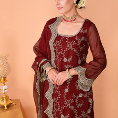 Faux Georgette Embroidered Kurti Pant Set with Embroidered Faux Georgette Dupatta