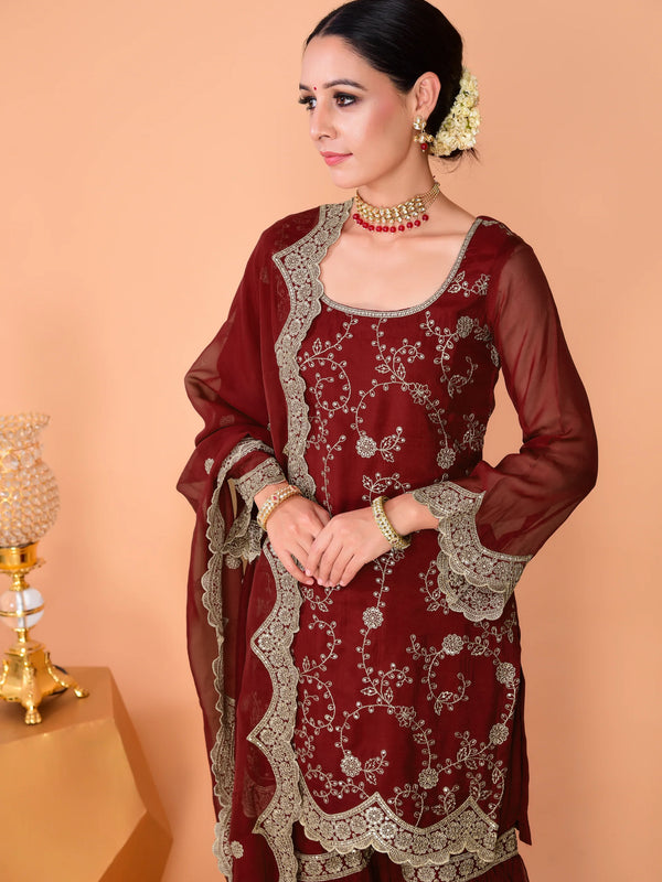 Faux Georgette Embroidered Kurti Pant Set with Embroidered Faux Georgette Dupatta