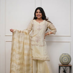Women's Heavy Chinon Embroidered Kurti Pant Set with Woven Jacquard Dupatta