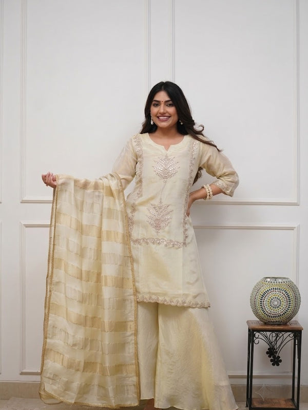 Women's Heavy Chinon Embroidered Kurti Pant Set with Woven Jacquard Dupatta
