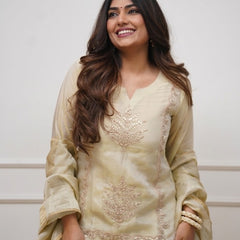 Women's Heavy Chinon Embroidered Kurti Pant Set with Woven Jacquard Dupatta
