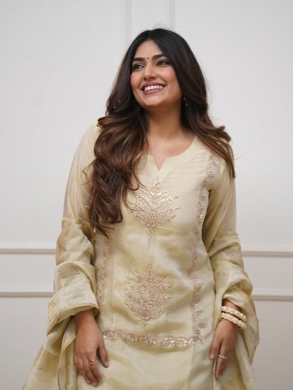 Women's Heavy Chinon Embroidered Kurti Pant Set with Woven Jacquard Dupatta