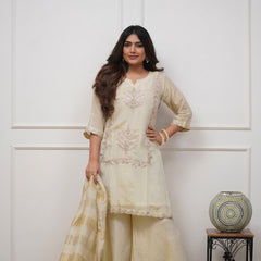Women's Heavy Chinon Embroidered Kurti Pant Set with Woven Jacquard Dupatta