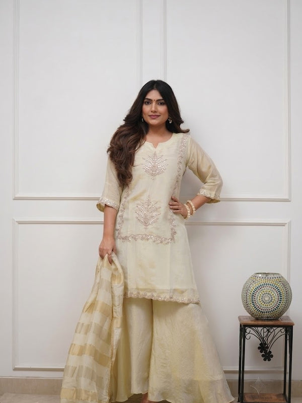 Women's Heavy Chinon Embroidered Kurti Pant Set with Woven Jacquard Dupatta